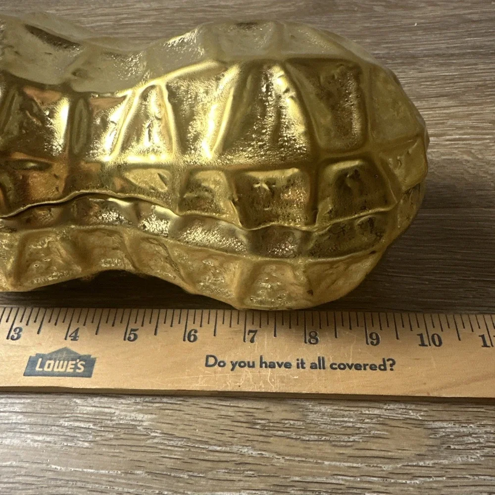 Painted Gold Metal Peanut Shaped Trinket Box Heavy Textured Compartment Dish 10